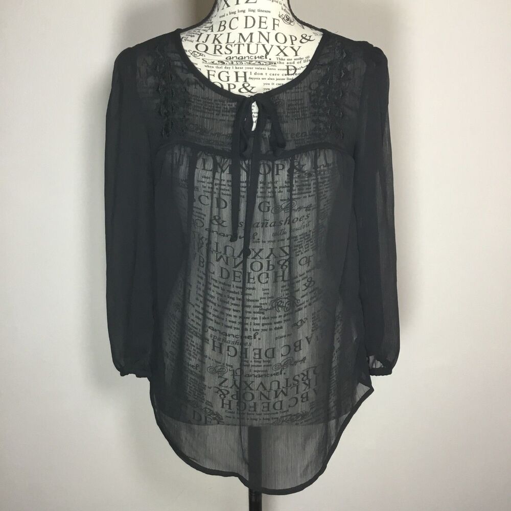 Sheer black embroidered blouse tie front long sleeve witchy boho dark fairy S